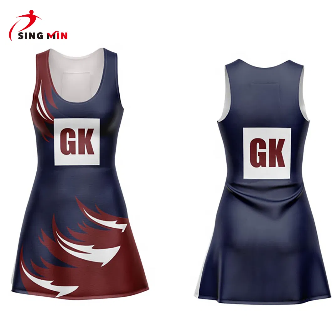 Venda por atacado personalizado de impressão por sublimação completa uniformes de netball meninas design vestidos de netball